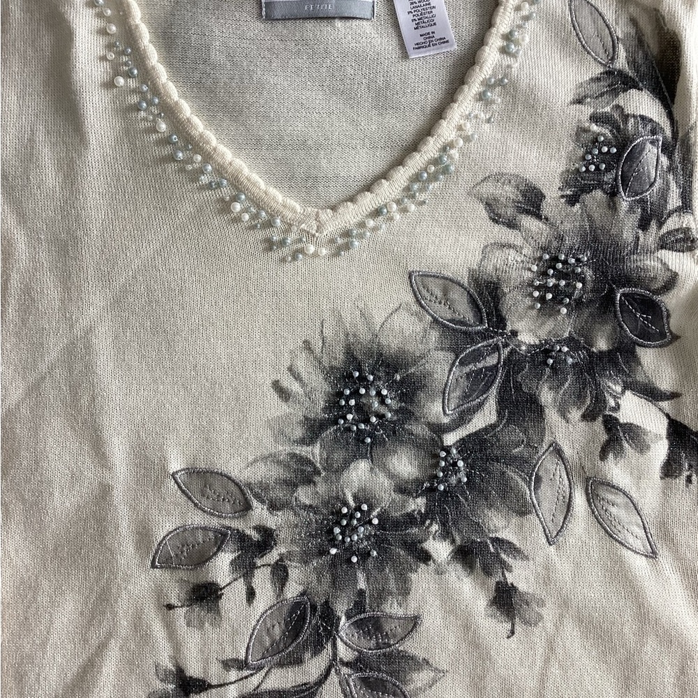 Alfred Dunner Ivory Top with Black Floral and Bead Details